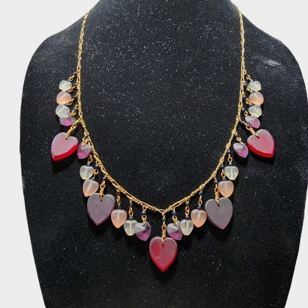 Vintage Pididdly Links Goldtone Czech frosted glass heart charm necklace 24"